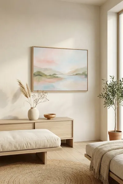 Interior view: Dreamlike abstract landscape in soft pastels
