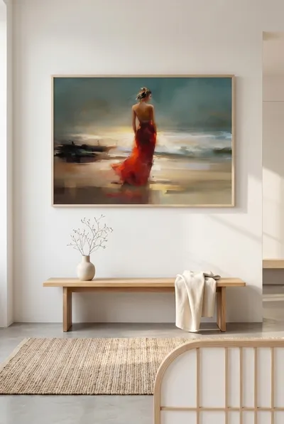 Interior view: The woman on the beach in the red dress