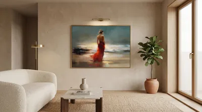Interior view: The woman on the beach in the red dress