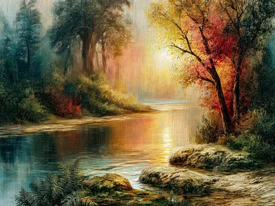 Wall art: River landscape in warm evening light