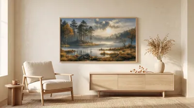 Interior view: Golden morning stillness by the forest lake