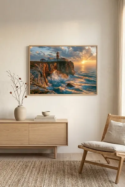 Interior view: Lighthouse on steep cliffs at sunset