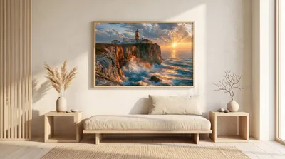 Interior view: Lighthouse on steep cliffs at sunset