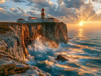 Wall art: Lighthouse on steep cliffs at sunset