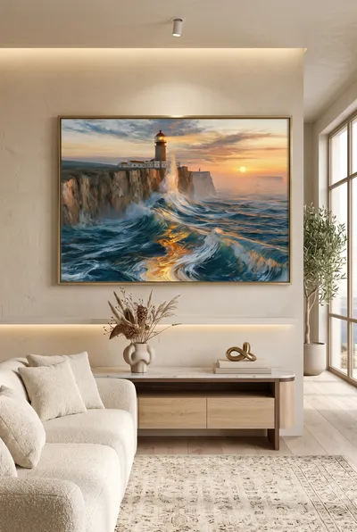 Interior view: Lighthouse by a stormy sea