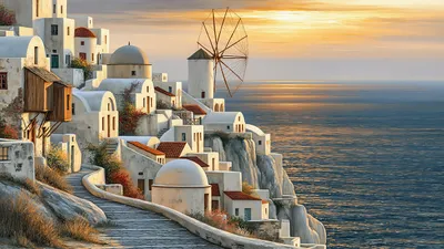 Wall art: Mediterranean cliff village in warm evening light