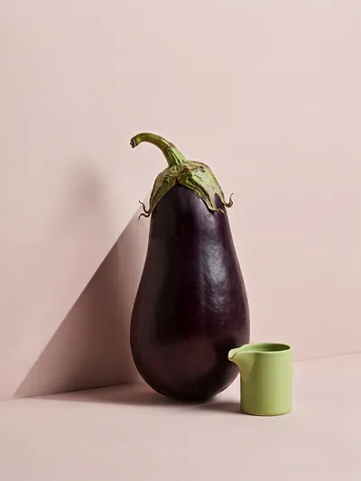 Wall art: Minimalist still life with aubergine and green jug