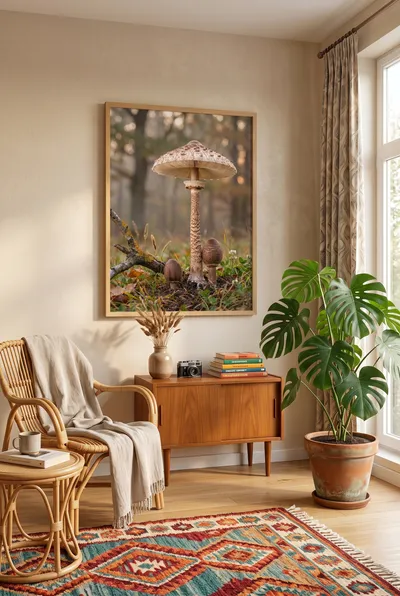 Interior view: Parasol mushrooms in the autumn forest