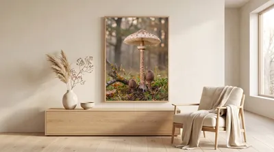 Interior view: Parasol mushrooms in the autumn forest
