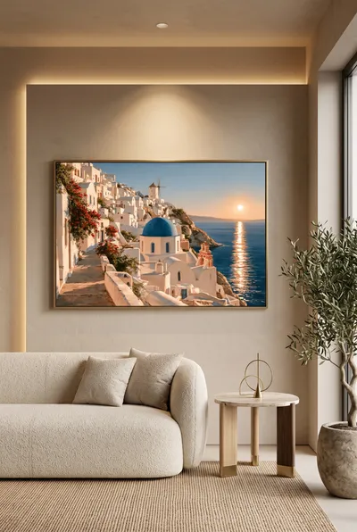 Interior view: Santorini: coastal village with a blue dome