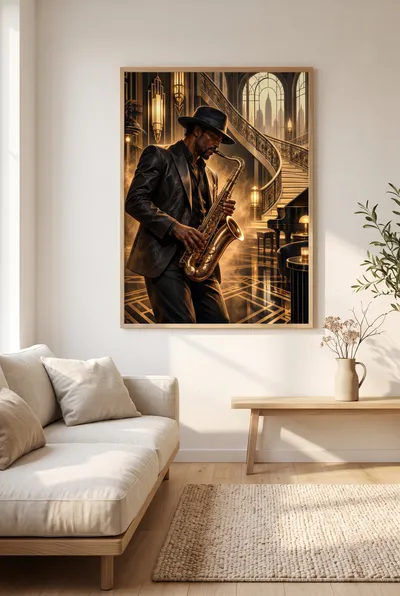 Interior view: Saxophone in golden light: the luxury of a moment