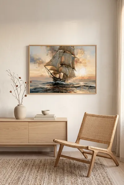 Interior view: Sailing ship on a restless sea at sunset