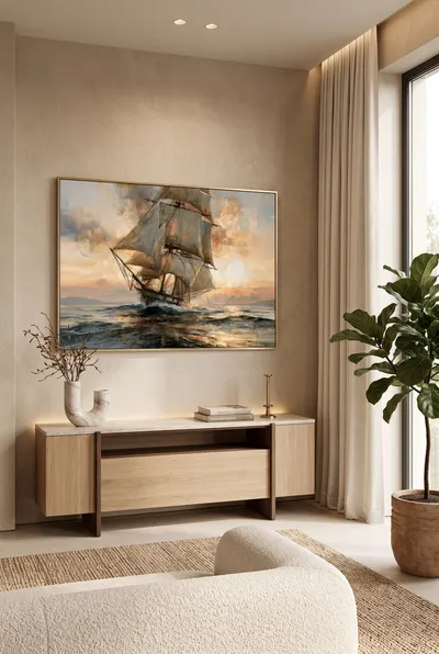Interior view: Sailing ship on a restless sea at sunset