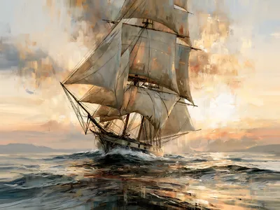 Wall art: Sailing ship on a restless sea at sunset
