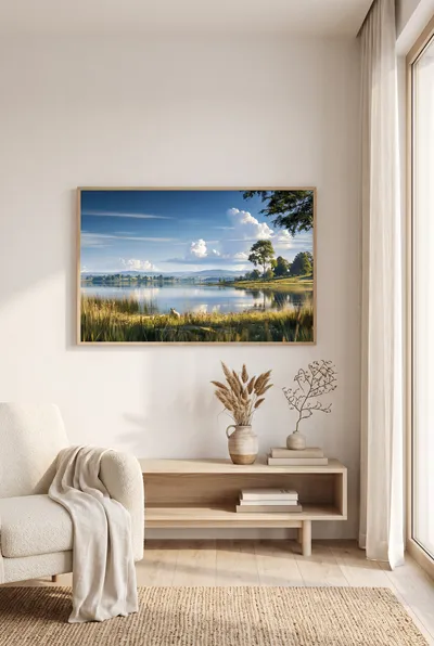 Interior view: Summer lake with a sheep meadow