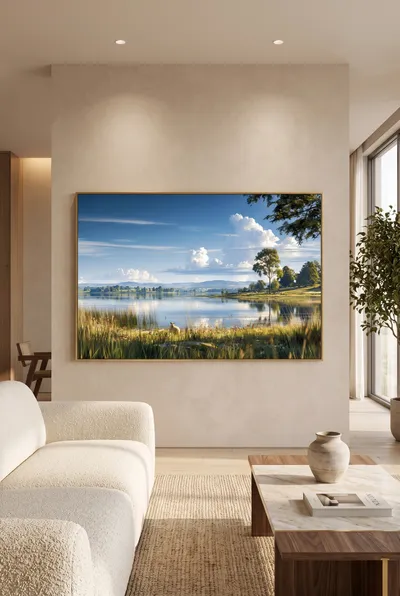 Interior view: Summer lake with a sheep meadow