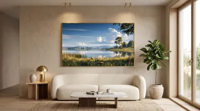 Interior view: Summer lake with a sheep meadow