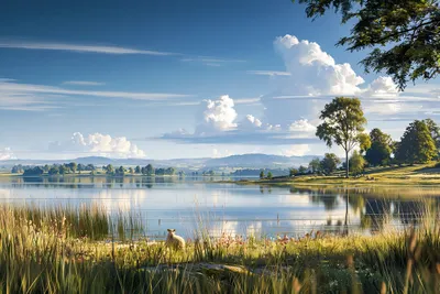 Wall art: Summer lake with a sheep meadow